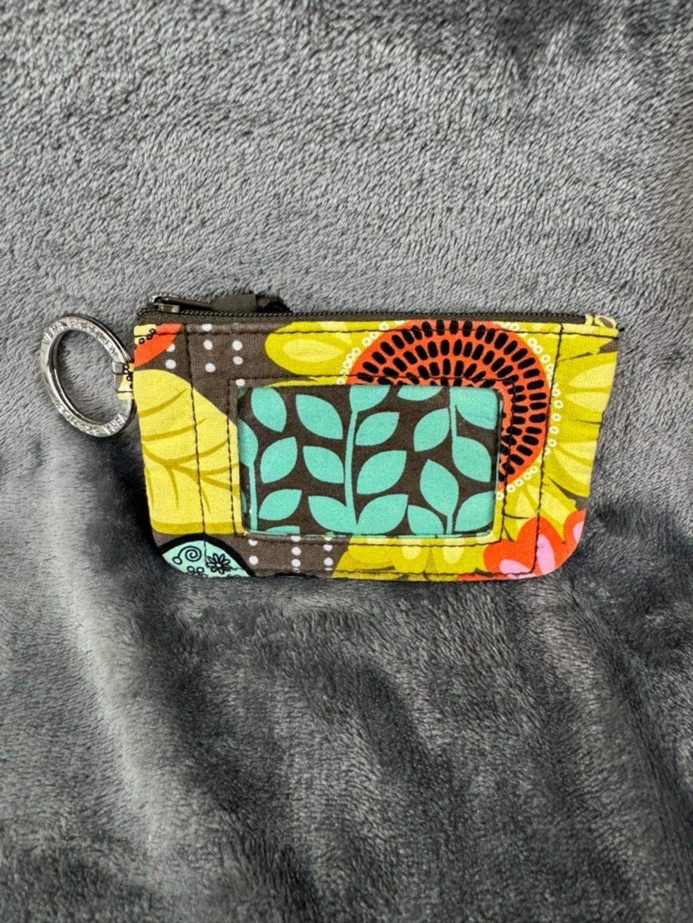 Vera Bradley Flower Shower Zip ID Case Brown Orange Teal Green Floral Wristlet